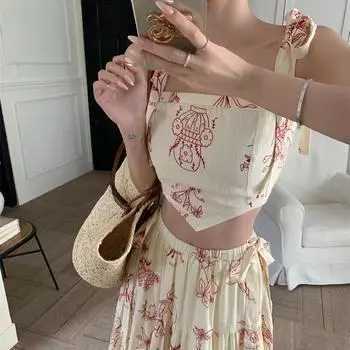 Комплект платьев, женский комплект из двух предметов, юбка-миди с высокой талией, плиссированный укороченный топ на молнии на бретелях в корейском стиле, милые девушки с тонким цветочным принтом, уютное лето S бежевый