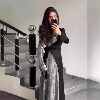 Комплект платья с длинными рукавами и пайетками Temperament S чёрный/серебряный