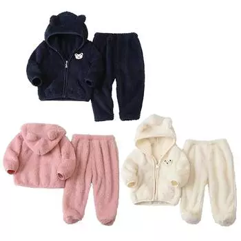 Комплект плюшевой одежды для малышей, пальто на молнии с капюшоном, топ и штаны, теплый наряд 90