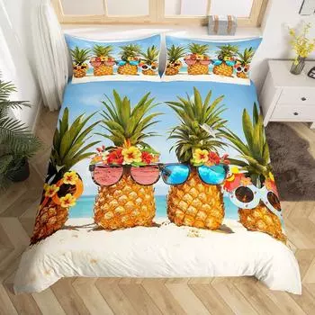 Комплект пододеяльника «Ананас» Тропический фрукт Пляжный принт Постельное белье Украшение подростковой спальни Набор из трех предметов EU single 135*200
