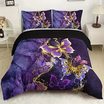 Комплект пододеяльника с цветочным принтом «Бабочки», 3 предмета - Мягкое, удобное, модное постельное белье с цифровой печатью и классическим дизайном - Идеально для EU Single 135x200cm