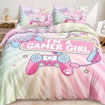 Комплект пододеяльников для игр, розовый геймпад, контроллер, комплект постельного белья королевского размера, милый пододеяльник с узором «Я геймер для девочек» в радужную полоску 70x133cm 2pcs