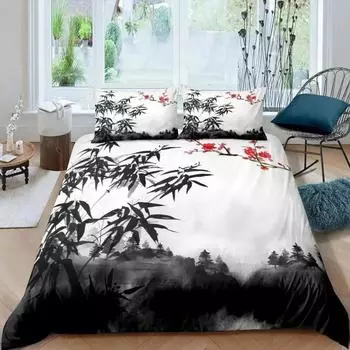 Комплект пододеяльников из бамбука Комплект постельного белья с ветвями бамбука, принт с изображением деревьев, роскошный пододеяльник в стиле ретро с цветочным принтом, размер Queen 135X200cm-2pcs