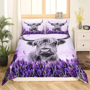 Комплект пододеяльников из полиэстера Highland Cow King Queen Full Size с рисунком животных, чехол с наволочкой для подростков и взрослых EU single(135x200cm)