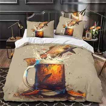 Комплект пододеяльников из полиэстера с 3D-цифровым принтом на тему рыбалки и наволочками. Подходит для машинной стирки. Сезонный комфорт, одеяло в комплект не входит. US Queen228x228cm