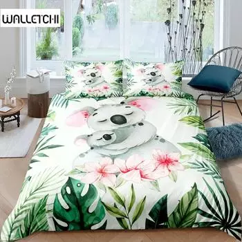 Комплект пододеяльников «Коала», цветущая цветочная ветка с медведем, полиэстеровый стеганый чехол с изображением пальмовых листьев и дикой природы EU single(135x200cm)