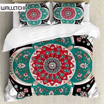 Комплект пододеяльников Mandala с мотивом Boho Flower Lotus Microcos, уникальный ретро-зеленый мотив, двуспальный, размера King Size, полиэстеровый стеганый чехол EU single(135x200cm)