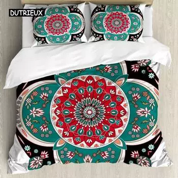 Комплект пододеяльников Mandala с мотивом Boho Flower Lotus Microcos, уникальный ретро-зеленый мотив, двуспальный, размера King Size, полиэстеровый стеганый чехол EU single(135x200cm)
