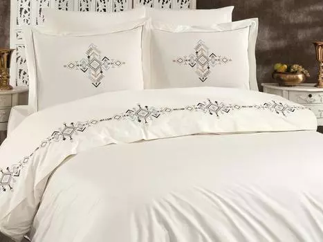 Комплект пододеяльников полного размера Alya с вышивкой, пододеяльник 200x220, простыня 240x260, кремовый - темно-синий