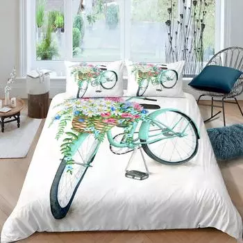 Комплект пододеяльников с акварельным рисунком, бирюзовый велосипед с красивым принтом корзины с цветами, комплект постельного белья из 3 предметов, чехол для одеяла из полиэстера с рисунком велосипеда EU Single(135x200cm)
