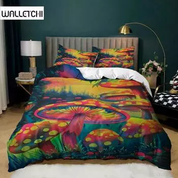 Комплект пододеяльников с грибами, размер Queen, микрофибра, грибы, орнаментированные каракули с завитками, глаза, психоделический ботанический комплект постельного белья для подростков EU single(135x200cm)