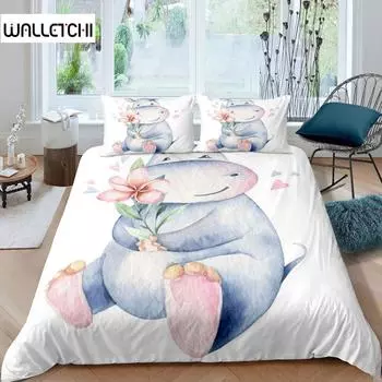 Комплект пододеяльников с изображением бегемота размера King Size, мультяшный бегемот, держащий розовый цветок, комплект одеяла для детей, полиэстеровое одеяло с изображением диких животных EU single(135x200cm)