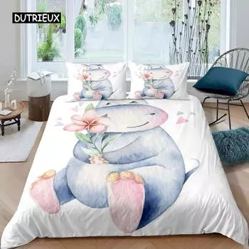 Комплект пододеяльников с изображением бегемота размера King Size, мультяшный бегемот, держащий розовый цветок, комплект одеяла для детей, полиэстеровое одеяло с изображением диких животных EU single(135x200cm)