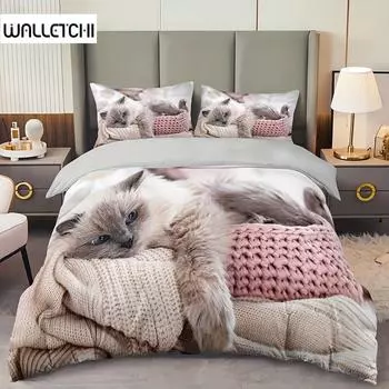 Комплект пододеяльников с изображением ленивого кота (1 пододеяльник+2 наволочки без подушки-вставки) Мягкие удобные постельные принадлежности с HD-печатью для дома 135X200cm