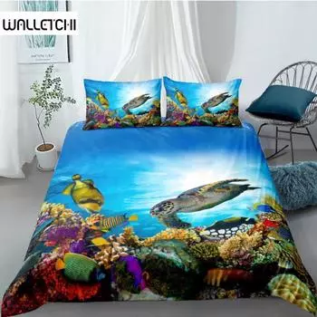 Комплект пододеяльников с изображением океана, двуспальный, размер Queen, полиэстер, морские животные, рыбы, черепаха и радужный цвет, коралловый принт, чехол для одеяла EU single(135x200cm)