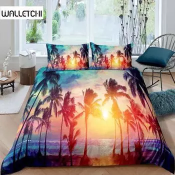 Комплект пододеяльников с изображением пальмового дерева Комплект постельного белья с изображением озера Атолл в Майами, Флорида, наволочка для одеяла с изображением заката в Атлантическом океане, натуральный пейзаж EU single(135x200cm)