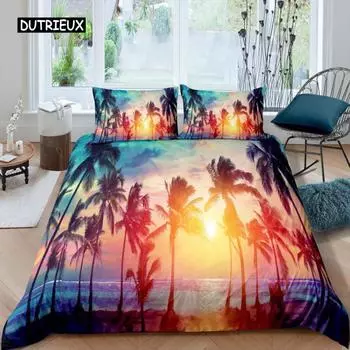 Комплект пододеяльников с изображением пальмового дерева Комплект постельного белья с изображением озера Атолл в Майами, Флорида, наволочка для одеяла с изображением заката в Атлантическом океане, натуральный пейзаж EU single(135x200cm)