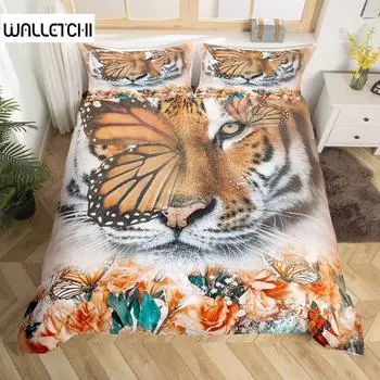 Комплект пододеяльников с изображением тигра и диких животных, полиэстеровый узор «Король леса», покрывало «Король и Королева» в полном размере для детей, мальчиков и девочек EU single(135x200cm)
