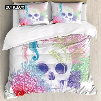 Комплект пододеяльников с изображением животных, череп на Хэллоуин, голова скелета с изображением кораллового рифа, мертвый аквариум, пират, дикая природа, комплект постельного белья из 3 предметов EU single(135x200cm)