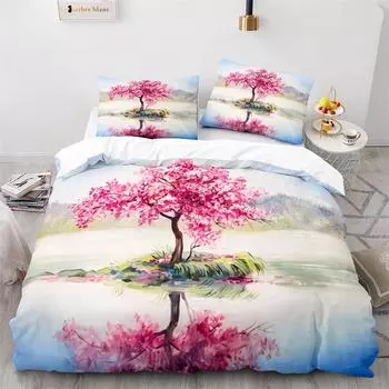 Комплект пододеяльников с масляной живописью, розовыми вишневыми цветами, цветами деревьев, полиэстеровым одеялом, размер King Queen, полный размер для девочек, мальчиков и детей 70x133cm 2pcs
