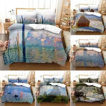 Комплект пододеяльников с масляной живописью размера King Queen, напечатанный пододеяльник с известными картинами Моне и Ван Гога для подростков и взрослых EU Single 135x200cm