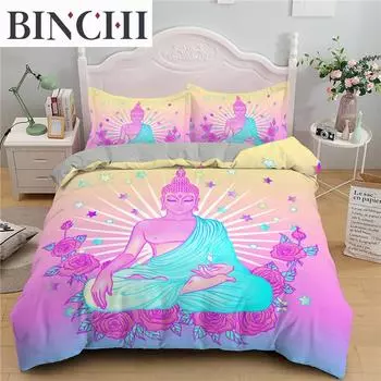 Комплект пододеяльников с разноцветным Буддой, комплект постельного белья с разноцветной статуей Будды, комплект постельного белья с изображением розовой розы из полиэстера, королевского размера, пододеяльник EU single(135x200cm)