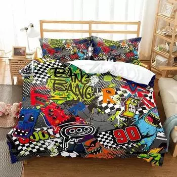 Комплект пододеяльников с рисунком хиппи и граффити размера King Queen для мальчиков, молодежное покрывало из полиэстера, покрывало в стиле модерн с уличным искусством 70x133cm 2pcs