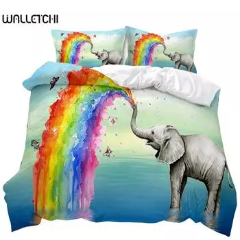 Комплект пододеяльников со слоном, индивидуальный дизайн африканского животного, двойной пододеяльник с изображением радужного слона из полиэстера EU single(135x200cm)