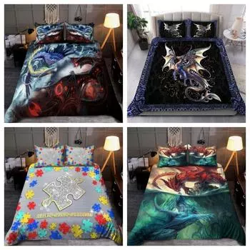 Комплект пододеяльников Tmarc Tee Зеленый и фиолетовый Дракон и волк Комплекты постельного белья Декор для спальни Single 135x200cm