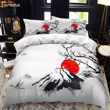 Комплект пододеяльников в японском стиле King Queen, полноразмерный комплект укиё-э с волнистым узором, комплект постельного белья из полиэстера, Fuji Mountain, экзотический стиль 140x200cm 3pcs