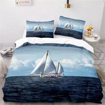 Комплект пододеяльников Wave, комплект постельного белья Sea Ocean Nautical, пододеяльник с парусником, размер Queen/King/Full/Twin, полиэстеровый пододеяльник EU Single 135x200cm