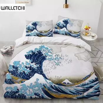 Комплект пододеяльников Wave с узором «Хокусай» в японском стиле «Укиё-э» с восточным эскизом, комплект постельного белья Ocean Queen Twin из полиэстера EU single(135x200cm)