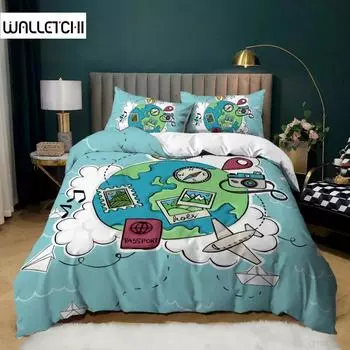 Комплект пододеяльников «Земля» размера King Polyester Blue Globe Print Compass Camera Airplane Passport Pattern Cover для подростка EU single(135x200cm)