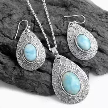 Комплект подвесных сережек, Женские украшения, Комплект украшений ручной работы, Комплект украшений Ларимар Earring Inch : 1.75 синий