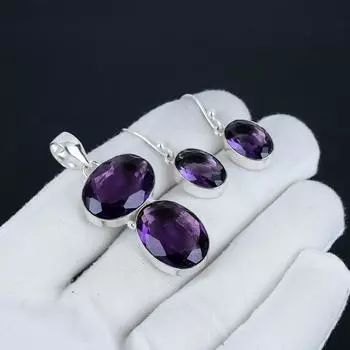 Комплект подвесок из аметиста, драгоценный камень розовый кварц, серьги, кулон, набор из стерлингового серебра 925 пробы, для женщин, подарок на День благодарения 2.55 фиолетовый