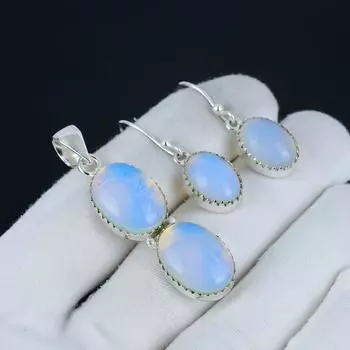 Комплект подвесок из молочного опала, комплект серег из драгоценного камня молочного опала, ручная работа, комплект из серег и подвесок из стерлингового серебра 925 пробы для женщин, подарок на День матери 2.55 белый