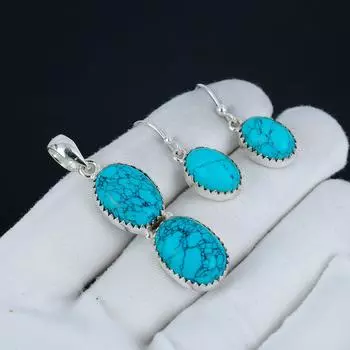Комплект подвесок из натуральной бирюзы, бирюзовый драгоценный камень, серьги ручной работы из стерлингового серебра 925 пробы, комплект подвесок для женщин, подарок на День матери 2.55 синий