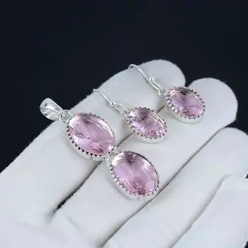 Комплект подвесок из розового кунцита, комплект серег из розового кунцита, ручная работа, стерлинговое серебро 925 пробы, подвеска для женщин, подарок на день рождения 2.55 розовый