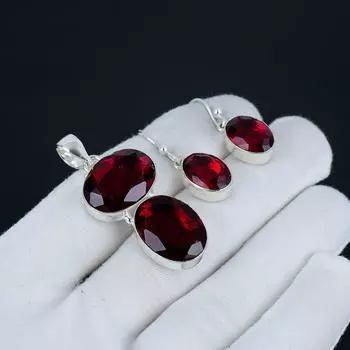 Комплект подвесок с красным гранатом, красный гранатовый драгоценный камень, серьги, подвеска, набор из стерлингового серебра 925 пробы, для женщин, подарок на День благодарения 2.55 красный