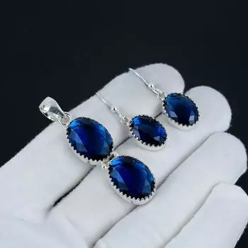 Комплект подвесок с синим сапфиром, серьги с синим сапфиром, ручная работа, серебро 925 пробы, подвеска для женщин, подарок на День благодарения 2.55 синий