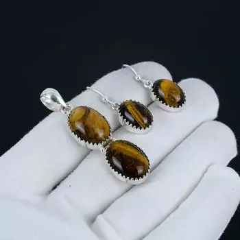 Комплект подвесок с тигровым глазом, серьги с драгоценными камнями из тигрового глаза, ручная работа, комплект из стерлингового серебра 925 пробы, подвеска для женщин, подарок для любви 2.55 коричневый