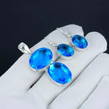 Комплект подвесок Siwss Blue Topaz, комплект серег и подвесок Siwss Blue Topaz Gemstone, ручная работа, серебро 925 пробы, для женщин, подарок на день рождения 2.55 синий