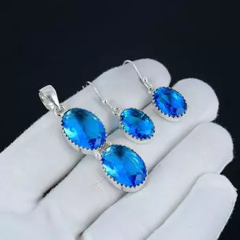 Комплект подвесок Siwss Blue Topaz, комплект серег Siwss Blue Topaz Gemstone Handmade из стерлингового серебра 925 пробы с подвеской для женщин, подарок на День матери 2.55 синий