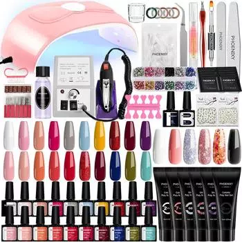Комплект полигеля PHOENIXY для ногтей, 36 Вт, светодиодная УФ-лампа, чистый гель-лак, гель для быстрого наращивания, набор носков для дизайна ногтей, маникюрные инструменты