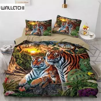 Комплект постельного белья 3D, черный пододеяльник, комплект стеганого одеяла, наволочка, размер King Queen, полиэстер с принтом тигра и животных EU single(135x200cm)