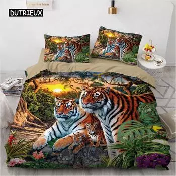 Комплект постельного белья 3D, черный пододеяльник, комплект стеганого одеяла, наволочка, размер King Queen, полиэстер с принтом тигра и животных US Queen(228x228cm)