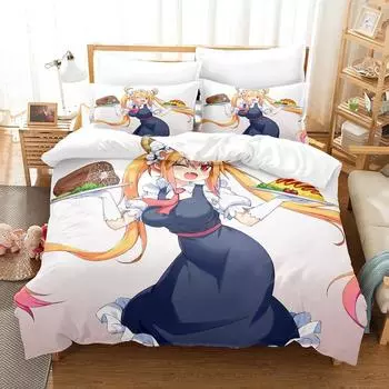 Комплект постельного белья 3D Kawaii Girl Miss Kobayashi s Dragon Maid, комплект из трех предметов в стиле аниме для взрослых и детей, для спальни, пододеяльник, наборы домашнего текстиля EU Twin 135x200cm