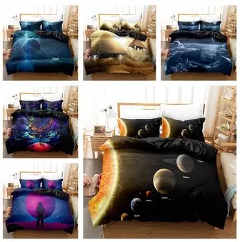 Комплект постельного белья 3D Planet Universe Пододеяльник Наволочка 2/3 кусочка ткани из микрофибры DE200 * 200 Полноразмерный быстросохнущий мягкий домашний текстиль Baby 100x135cm