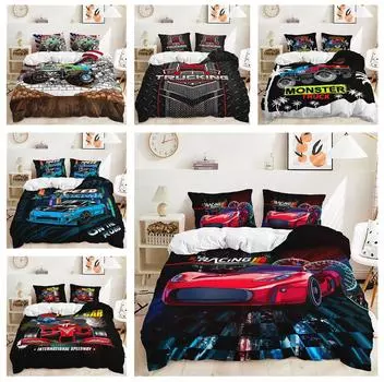 Комплект постельного белья 3D Racing Series из микрофибры, пододеяльник, наволочка, 2/3 шт., DE135 * 200, полноразмерный комплект для комнаты мальчиков, на молнии, мягкий домашний текстиль Baby 100x135cm