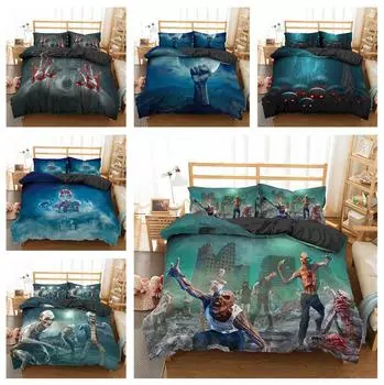 Комплект постельного белья 3D Zombie с узором ужасов, пуховое одеяло и наволочка, 2/3 предмета, моющееся украшение на молнии с цифровой печатью высокой четкости Baby 100x135cm